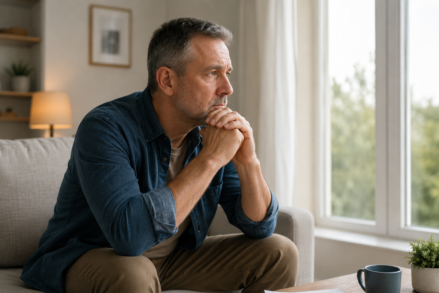 Older man sitting quietly at dawn, looking tired and reflective after another sleepless night
